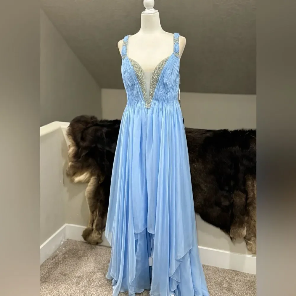 New Gorgeous Light Blue Beaded Chiffon Gown With Shawl - Picture 1 of 16